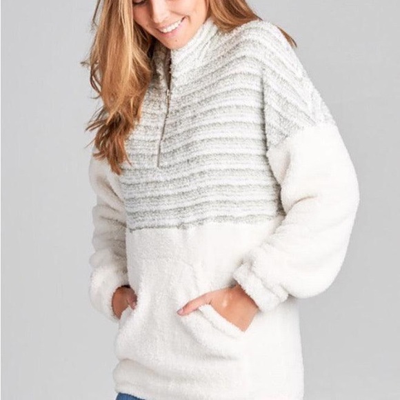 BellanBlue Sweaters - 026 Cozy striped Zipper pocket Teddy pullover sweater top